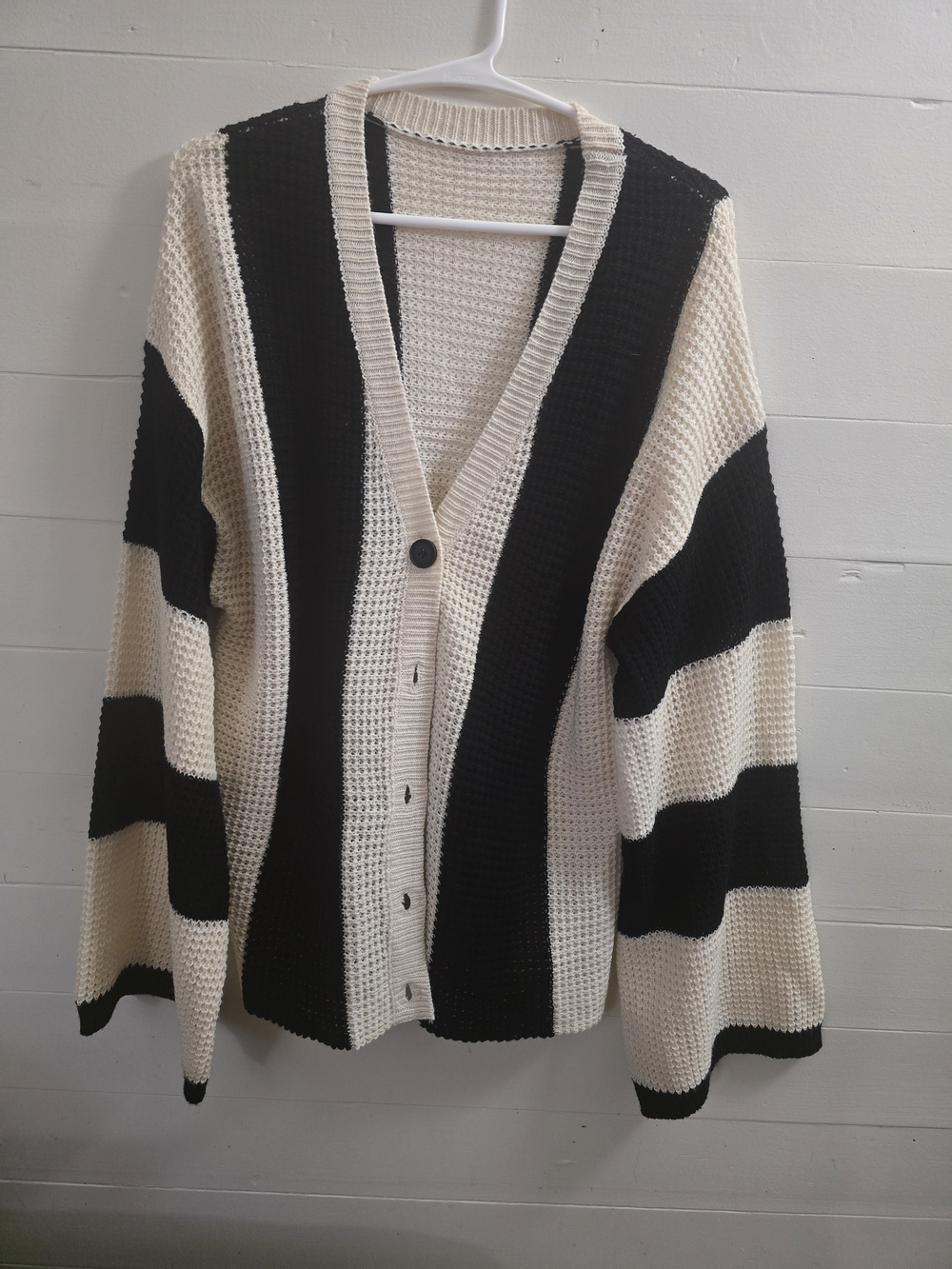 Women’s Black and Cream Striped Button-Up Cardigan Sweater